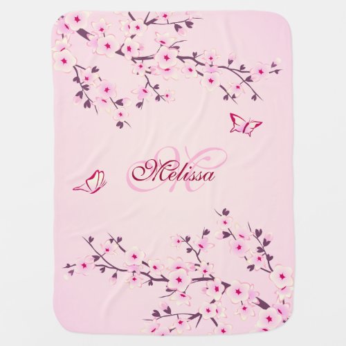 Pretty Cherry Blossoms Monogram Stroller Blanket