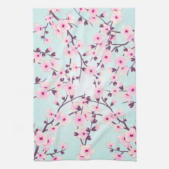 Pretty Cherry Blossoms Pink Turquoise Towel (Vertical)