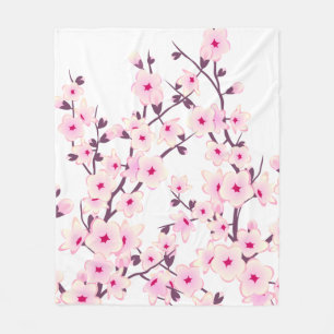Pretty Cherry Blossoms Pink White Fleece Blanket