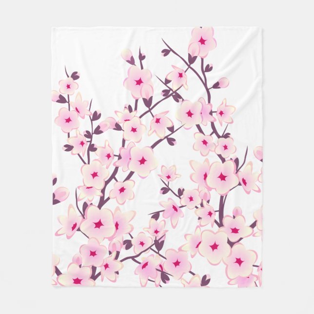 Pretty Cherry Blossoms Pink White Fleece Blanket (Front)