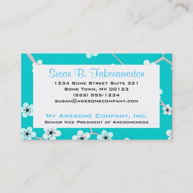 Pretty Cherry Blossoms - Turquoise Blue Business Card (Front)