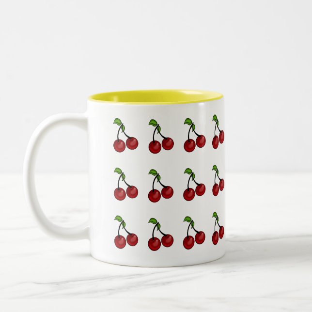 Pretty Cherry Breakfast Happy Morning Two-Tone Coffee Mug (Left)