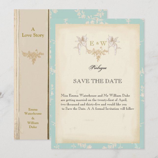 Pretty cherub book themed pale blue Wedding  Save The Date (Front/Back)