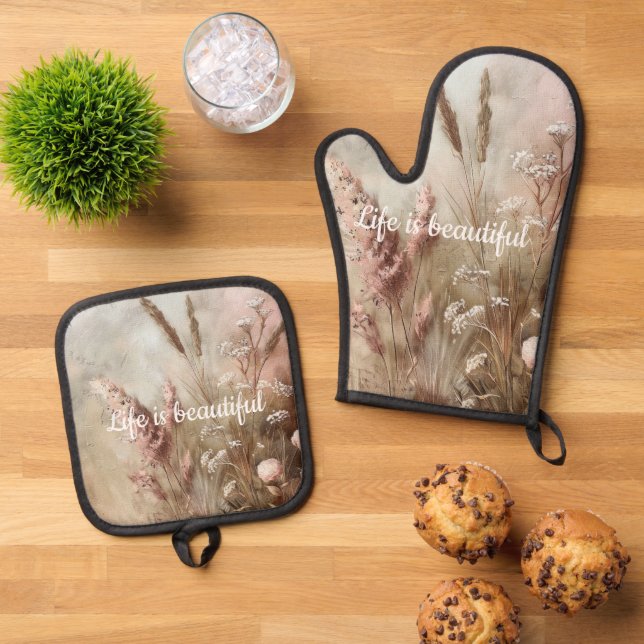 Pretty Chic Beige Blush Boho Floral  Oven Mitt & Pot Holder Set (Top Down)