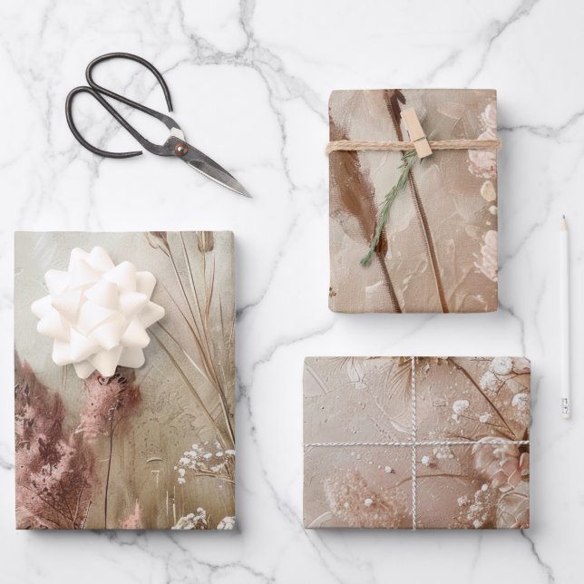 Pretty Chic Beige Blush Boho Floral  Wrapping Paper Sheets (Front)