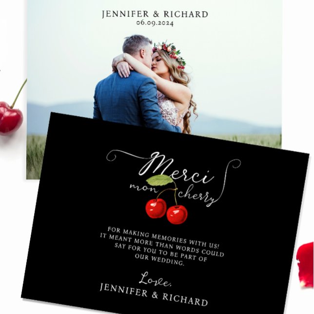 Pretty Chic Black Red Cherry Rustic Wedding Photo Thank You Card (Creator Uploaded)