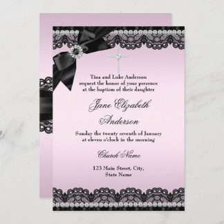 Pretty Chic Diamond Lace Pink Baptism Invite
