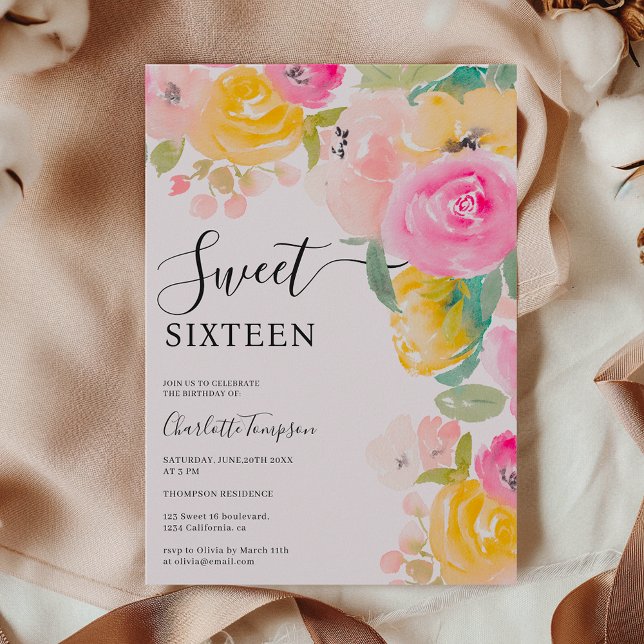 Pretty chic garden floral watercolor Sweet 16 Invitation (Pretty chic garden floral watercolor Sweet 16 Invitation)