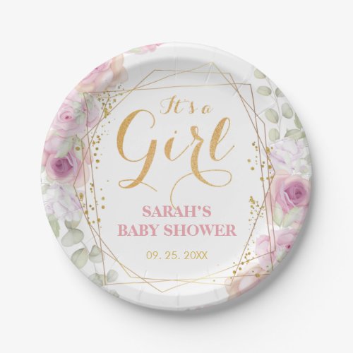 Pretty Chic Gold Glitter Pink Floral Baby Girl Paper Plates