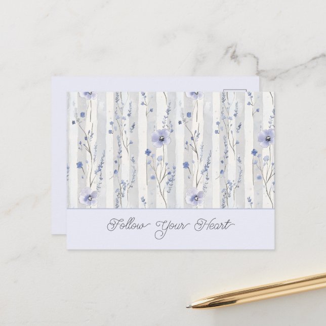 Pretty Chic Lavender Floral Stripes Postcard (Front/Back In Situ)