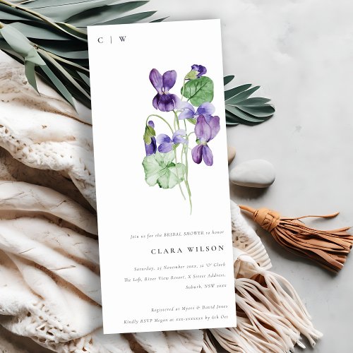 Pretty Chic Monogram Violet Floral Bridal Shower Invitation