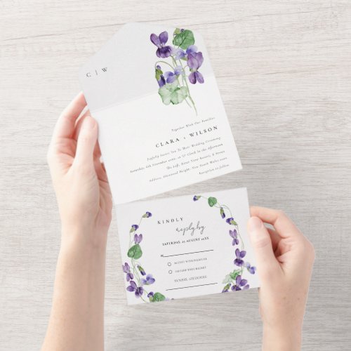 Pretty Chic Monogram Violet Floral Bunch Wedding All In One Invitation