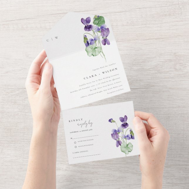 Pretty Chic Monogram Violet Floral Bunch Wedding All In One Invitation (Tearaway)