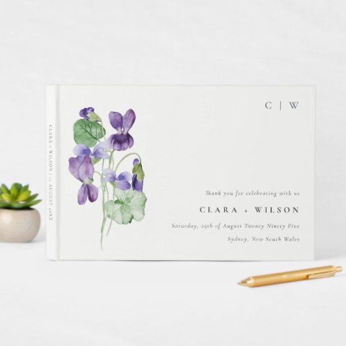 Pretty Chic Monogram Violet Floral Bunch Wedding Guest Book