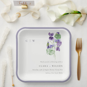 Pretty Chic Monogram Violet Floral Bunch Wedding Paper Plates