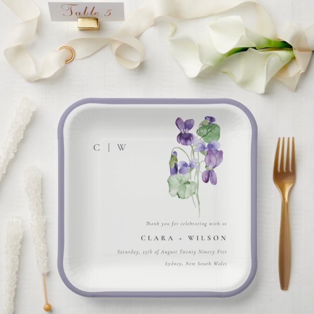 Pretty Chic Monogram Violet Floral Bunch Wedding Paper Plates (Wedding)