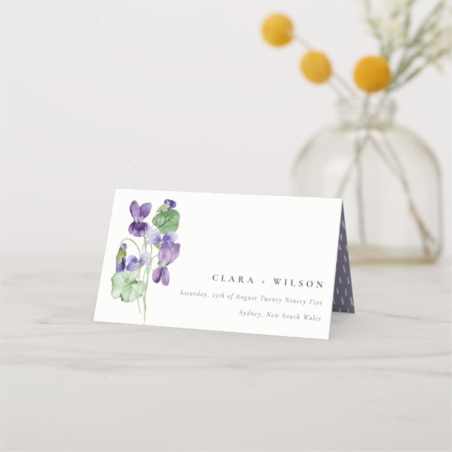 Pretty Chic Monogram Violet Floral Bunch Wedding Place Card (Front)