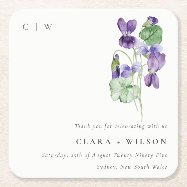 Pretty Chic Monogram Violet Floral Bunch Wedding Square Paper Coaster (Front)