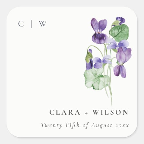 Pretty Chic Monogram Violet Floral Bunch Wedding Square Sticker