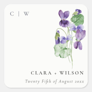 Pretty Chic Monogram Violet Floral Bunch Wedding Square Sticker
