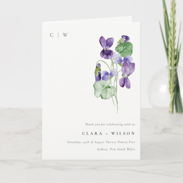 Pretty Chic Monogram Violet Floral Bunch Wedding Thank You Card (Front)