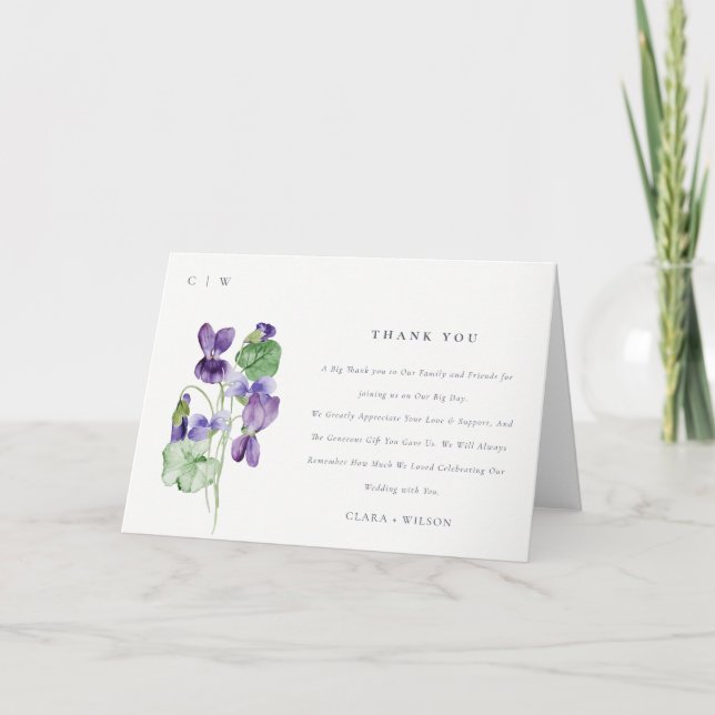 Pretty Chic Monogram Violet Floral Bunch Wedding Thank You Card (Front)