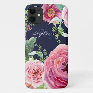 Pretty Chic Navy Blue Pink Peony Floral Watercolor iPhone 11 Case