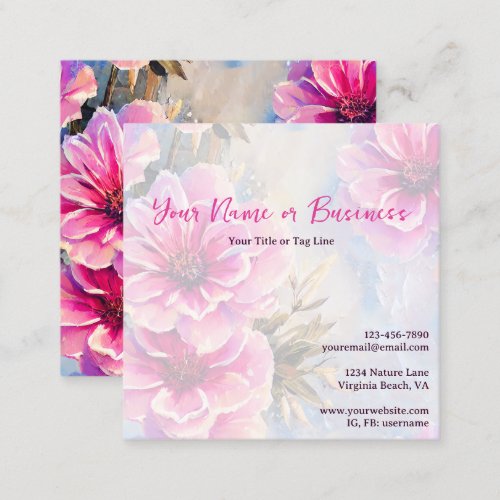 Pretty Chic Pink Flowers Floral Square Business Card