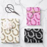 Pretty Chic Pink Gold Glitter Horseshoe Wrapping Paper Sheets<br><div class="desc">Glittery horseshoe pattern in pink,  silver and gold on pink,  white and black background,  set of three wrapping sheets for equestrian,  western,  country,  cowgirl aesthetic,  for a bachelorette,  sweet 16,  birthday party decor,  crafts,  gift wrap... </div>