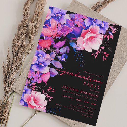 Pretty Chic Purple Garden Floral Graduation Black Invitation