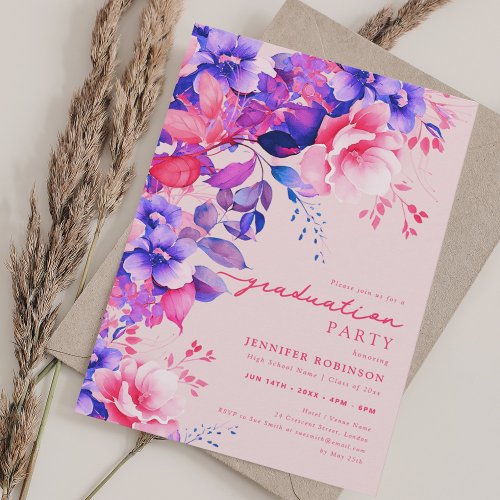 Pretty Chic Purple Garden Floral Graduation Blush  Invitation