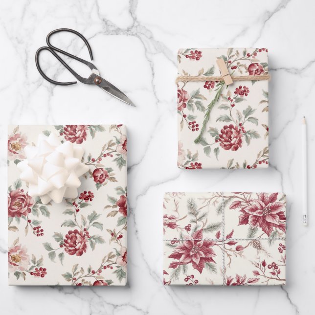 Pretty Chic Red Cream Floral Birthday  Wrapping Paper Sheets (Front)