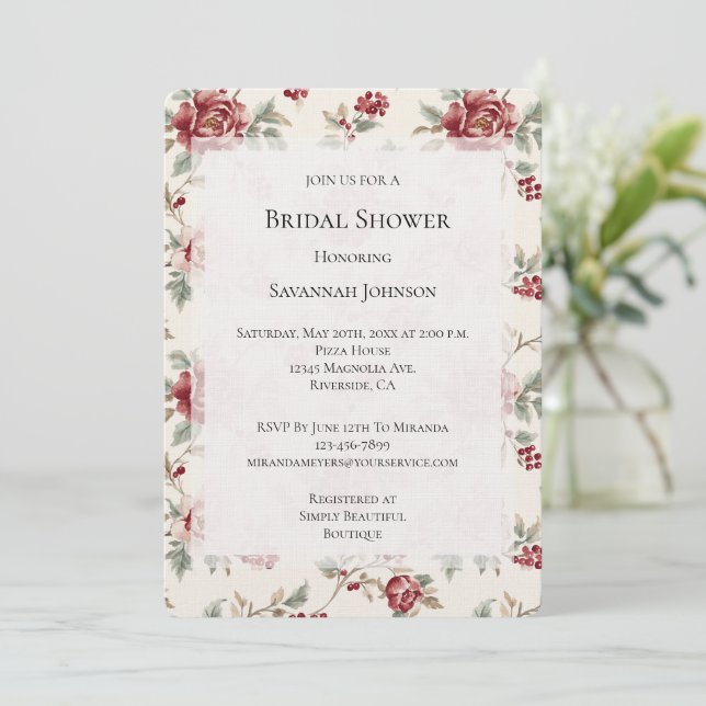 Pretty Chic Red Cream Floral Bridal Shower Invitation (Standing Front)