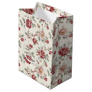 Pretty Chic Red Cream Floral Christmas Medium Gift Bag
