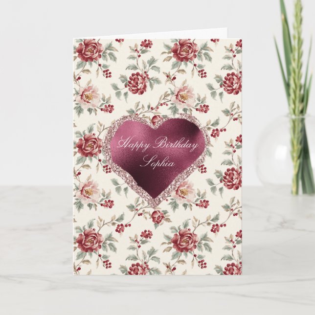 Pretty Chic Red Cream Floral Heart Card (Front)