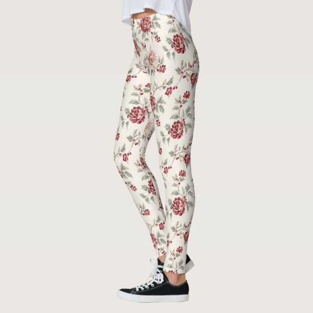 Pretty Chic Red Cream Floral Leggings (Left)