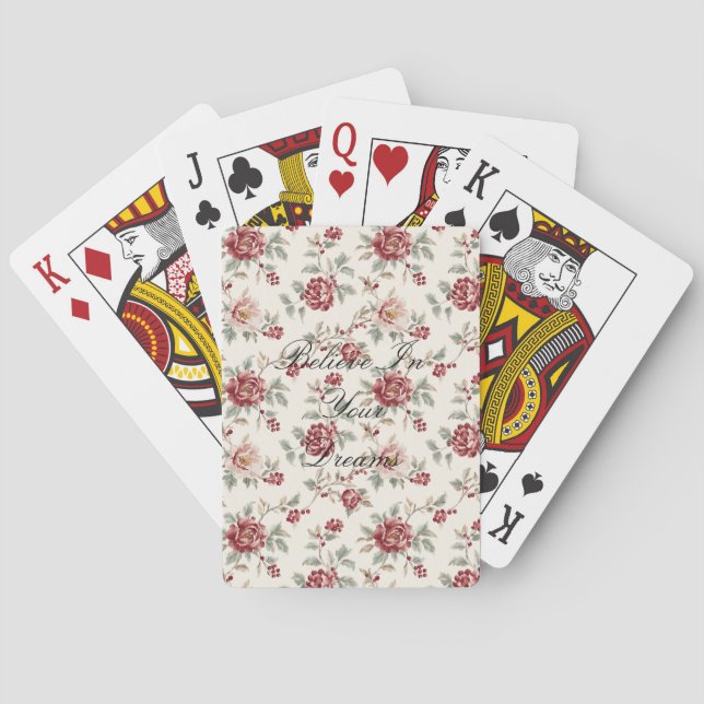 Pretty Chic Red Cream Floral  Poker Cards (Back)