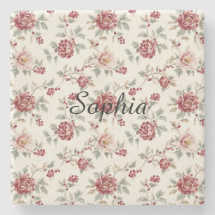 Pretty Chic Red Cream Floral   Stone Coaster