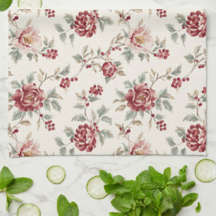 Pretty Chic Red Cream Floral Wedding Kitchen Towel