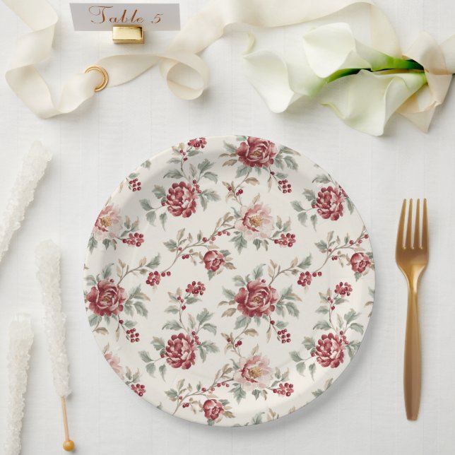 Pretty Chic Red Cream Floral Wedding Paper Plates (Wedding)