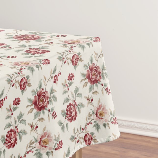 Pretty Chic Red Cream Floral Wedding Tablecloth (In Situ)