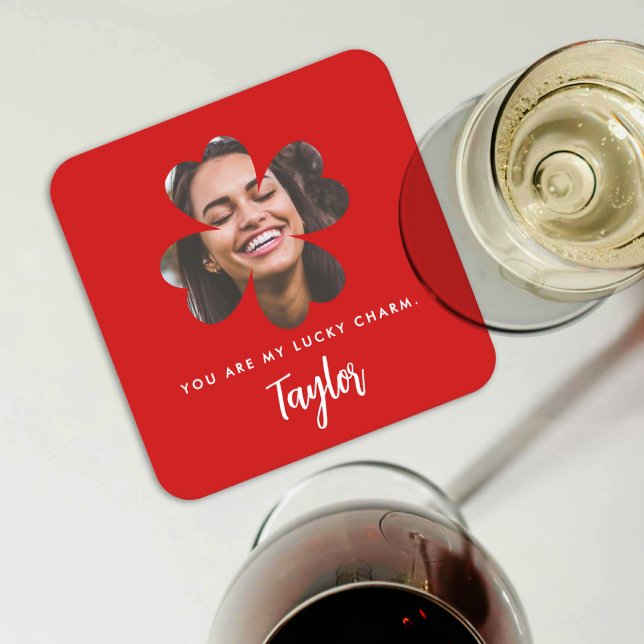 Pretty Chic Red Lucky In Love Irish Shamrock Photo Square Paper Coaster (Creator Uploaded)
