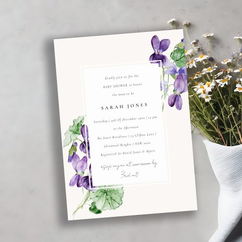 Pretty Chic Watercolor Violet Floral Baby Shower Invitation