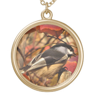Pretty Chickadee Bird in Pink Autumn Leaves Gold Plated Necklace