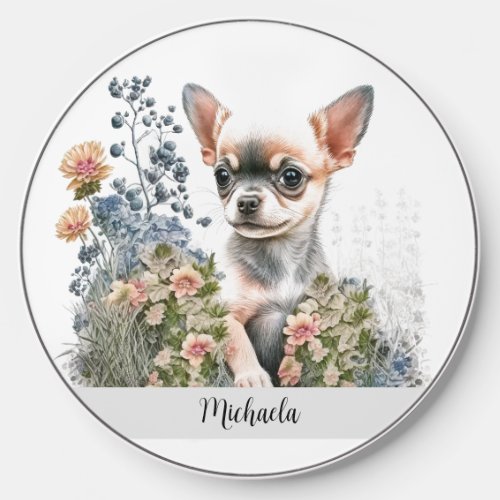 Pretty Chihuahua Puppy Floral Personalized Wireless Charger