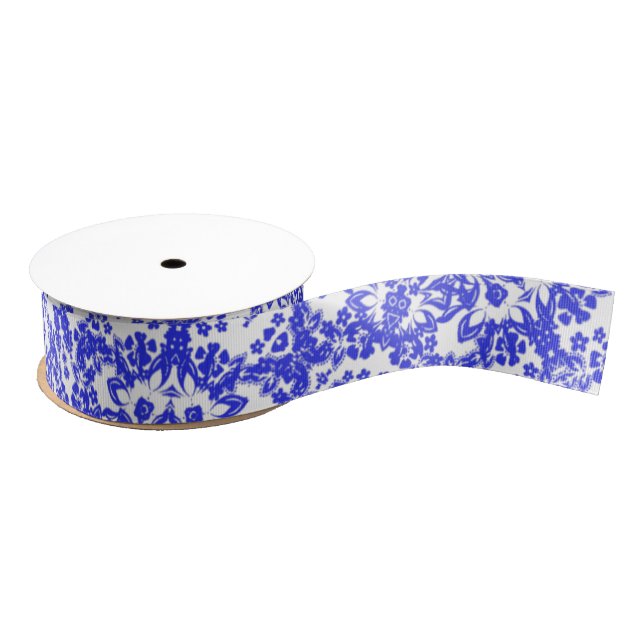 Pretty China Blue And White floral Lacy Patterned Grosgrain Ribbon (Spool)