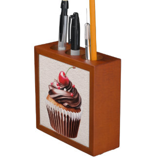 PRETTY CHOCOLATE CUPCAKE WITH CHERRY ON TOP DESK ORGANIZER