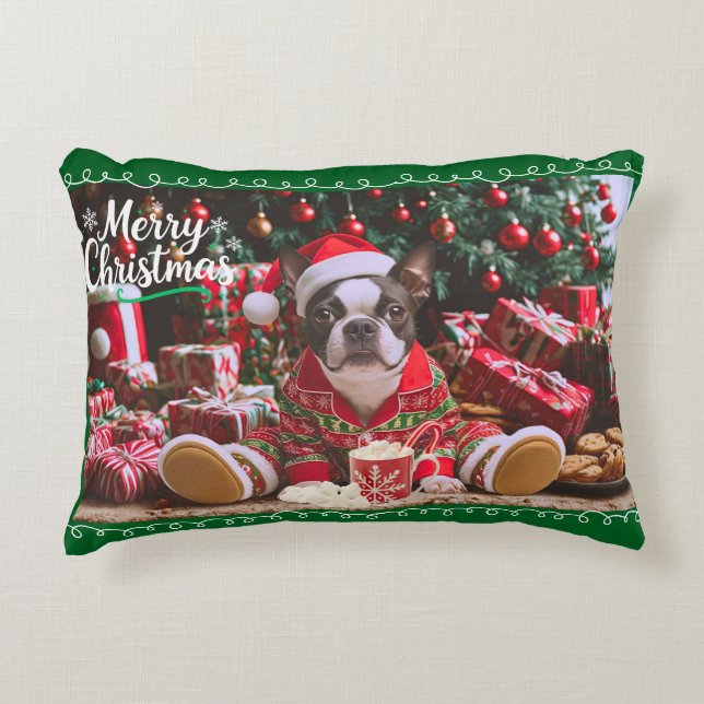 Pretty Christmas Boston Terrier in Pajamas Accent Pillow (Front)