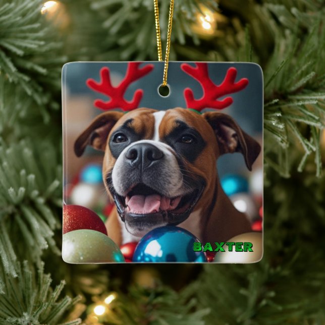 Pretty Christmas Boxer Dog Personalized Ceramic Ornament (Tree)