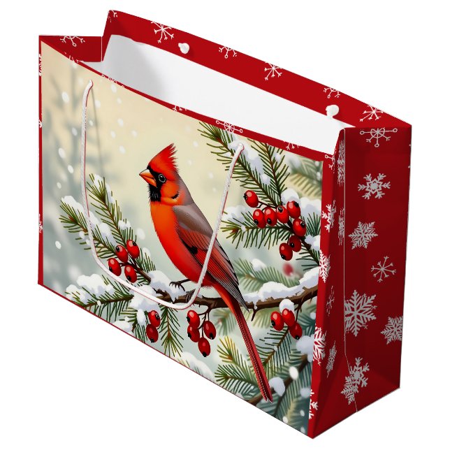 Pretty Christmas Cardinal and Snowflakes Christmas Large Gift Bag (Front Angled)